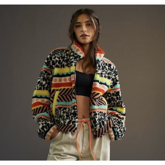 Anthropologie Maeve Lively Abstract Zip Sherpa Fleece Jacket Size Women XS Cozy - Picture 1 of 15